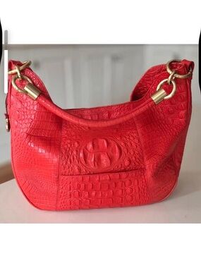 Brahmin Red Croc-Embossed Leather Shoulder Bag featuring Gold Hardware